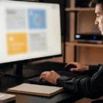 Man typing at keyboard while viewing a monitor displaying a layout with blue and yellow design elements.