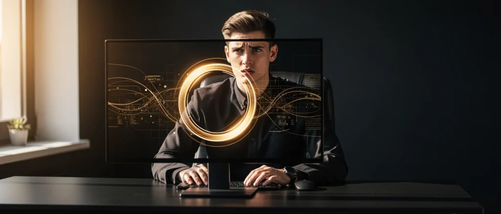 Man in business suit at desk with glowing circular holographic display on computer monitor.