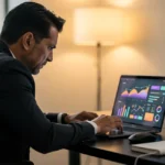 Man in dark blazer working at desk, viewing laptop displaying colorful data charts and graphs.