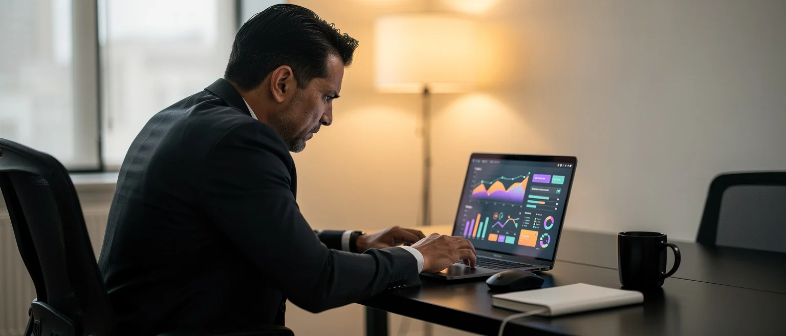 Man in dark blazer working at desk, viewing laptop displaying colorful data charts and graphs.