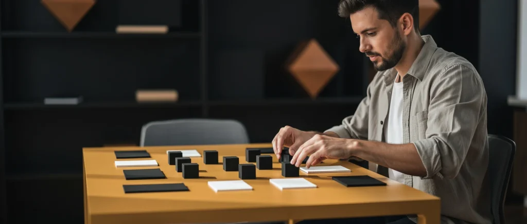 Man arranging black and white sample swatches on a wooden table indoors.