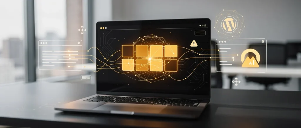 Laptop displaying AI network visualization with WordPress and document icons connected by gold lines on dark desktop backgrou