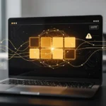 Laptop displaying AI network visualization with WordPress and document icons connected by gold lines on dark desktop backgrou