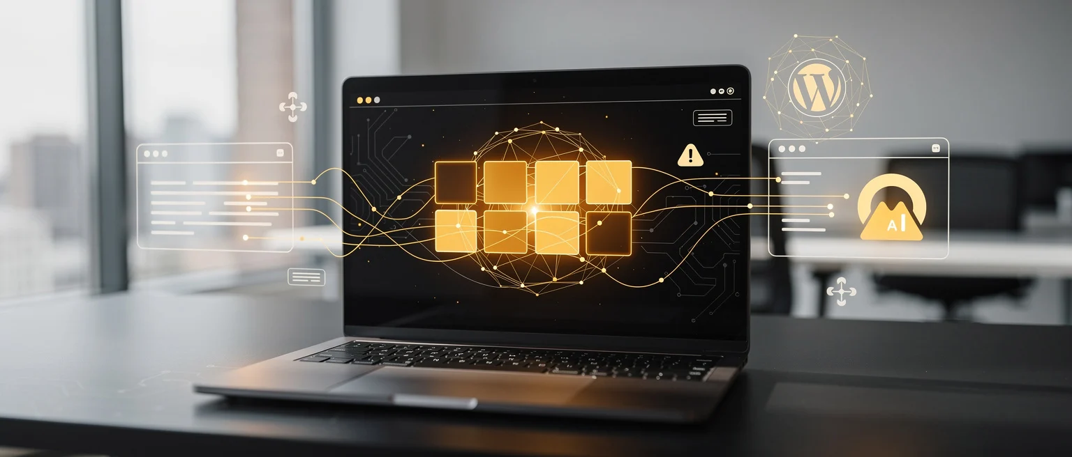 Laptop displaying AI network visualization with WordPress and document icons connected by gold lines on dark desktop backgrou