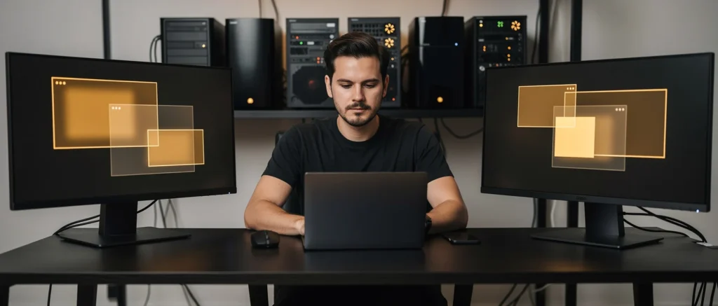 Man working on laptop at desk with dual monitors displaying window interface diagrams and audio equipment in background.