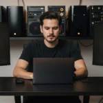 Man working on laptop at desk with dual monitors displaying window interface diagrams and audio equipment in background.