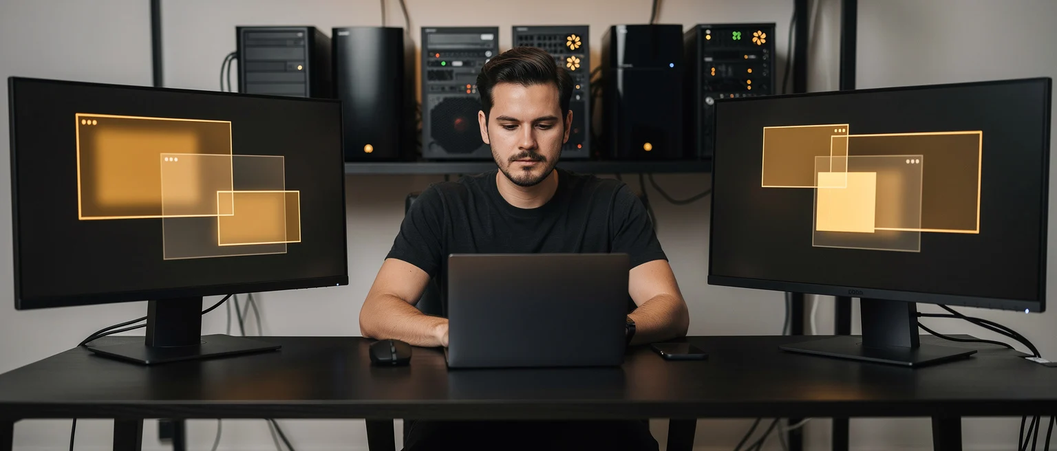 Man working on laptop at desk with dual monitors displaying window interface diagrams and audio equipment in background.