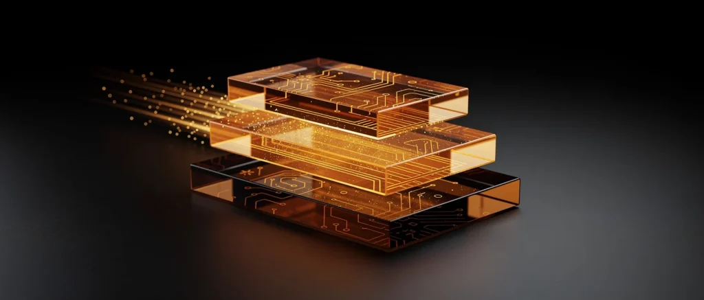 Layered transparent amber and black computer circuit boards stacked with glowing particles dispersing from the top.