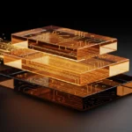 Layered transparent amber and black computer circuit boards stacked with glowing particles dispersing from the top.