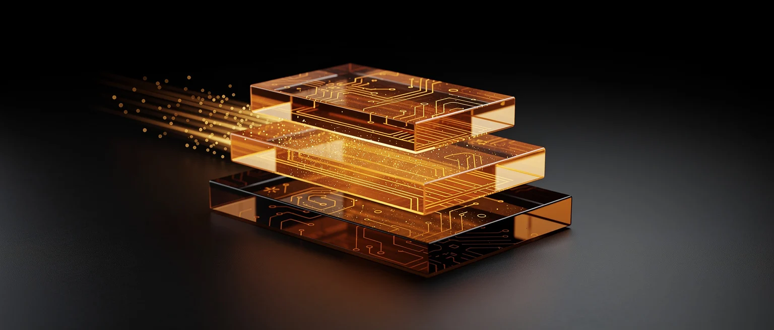 Layered transparent amber and black computer circuit boards stacked with glowing particles dispersing from the top.
