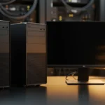 Server tower computers and monitor in a data center with network cables and indicator lights in the background.