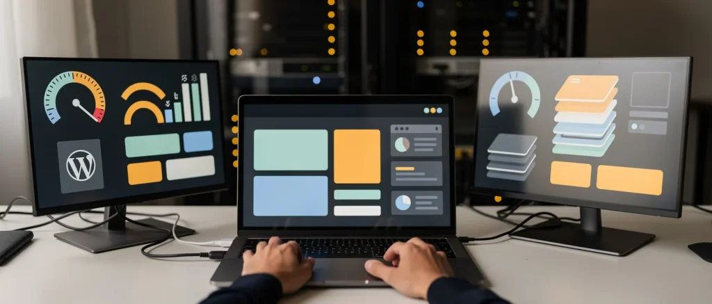 Designer working at triple monitor setup displaying UI wireframes, dashboards and design systems with orange and blue colour palette