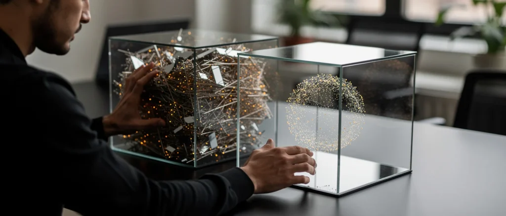 Man in dark suit examines glass display boxes containing abstract sculptures made of gold wires and particles on a table.