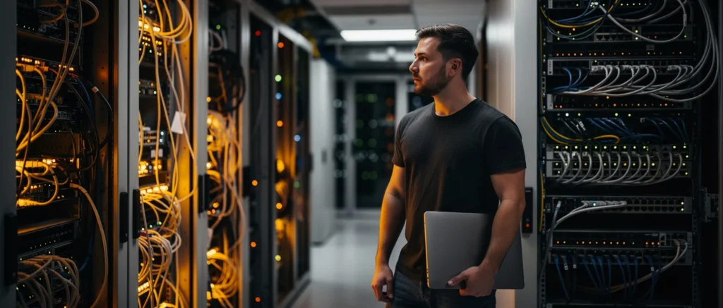 Man holding laptop standing in data center between server racks with yellow and blue cables.