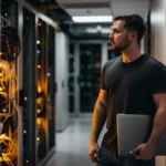 Man holding laptop standing in data center between server racks with yellow and blue cables.