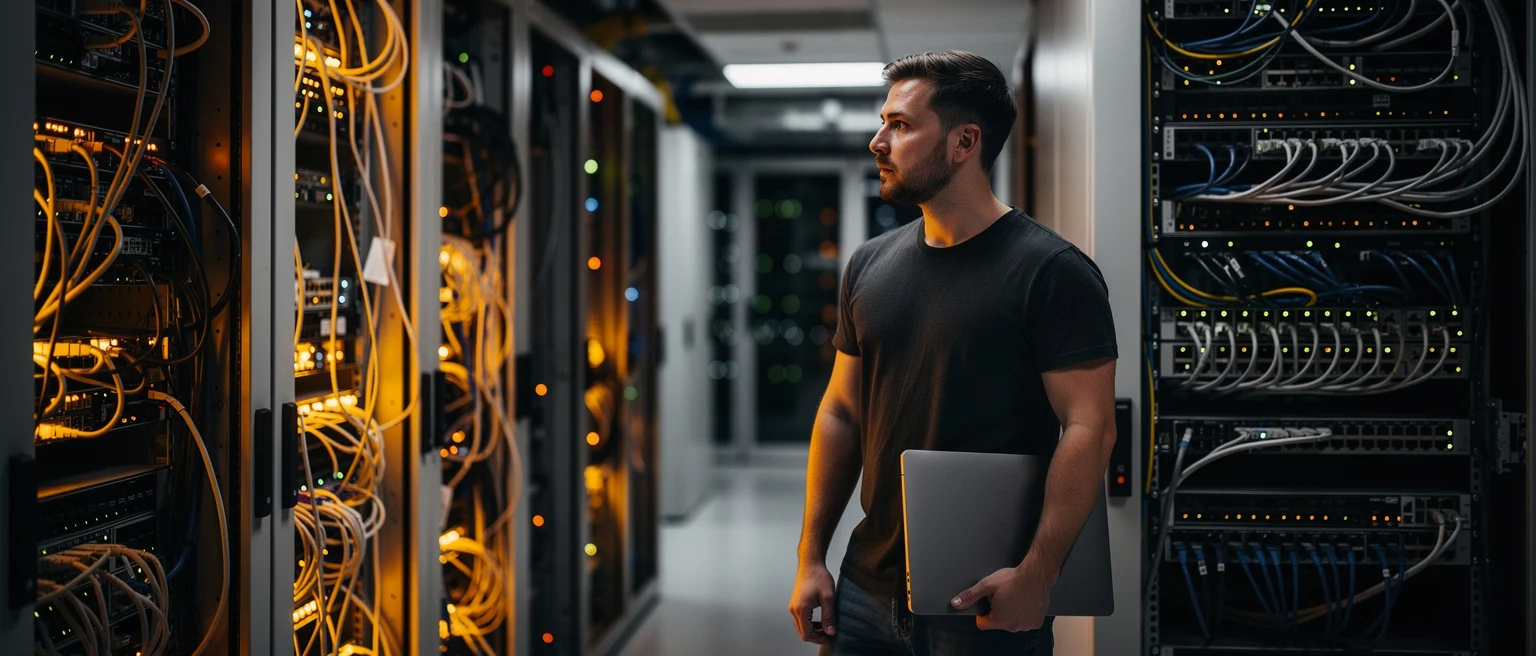 Man holding laptop standing in data center between server racks with yellow and blue cables.