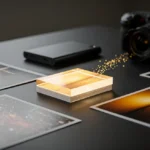 Printed photographs and a glowing photo book arranged on a dark table with a camera in the background.