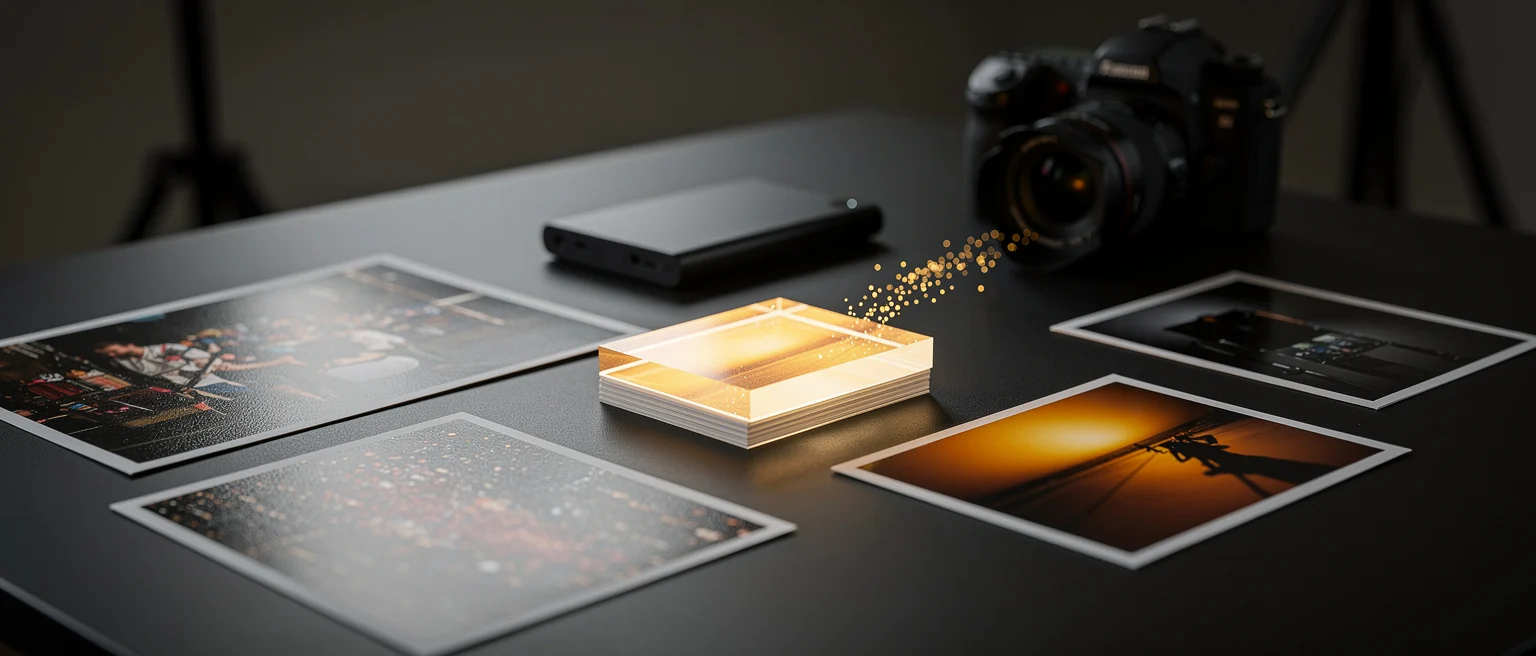 Printed photographs and a glowing photo book arranged on a dark table with a camera in the background.