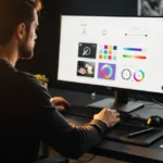 Man at desk viewing color picker and design tools on monitor, with camera and photos nearby.