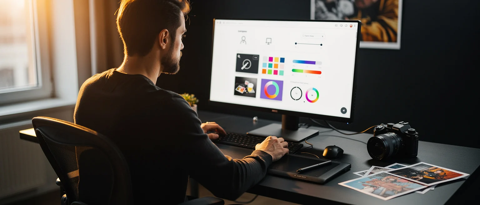 Man at desk viewing color picker and design tools on monitor, with camera and photos nearby.