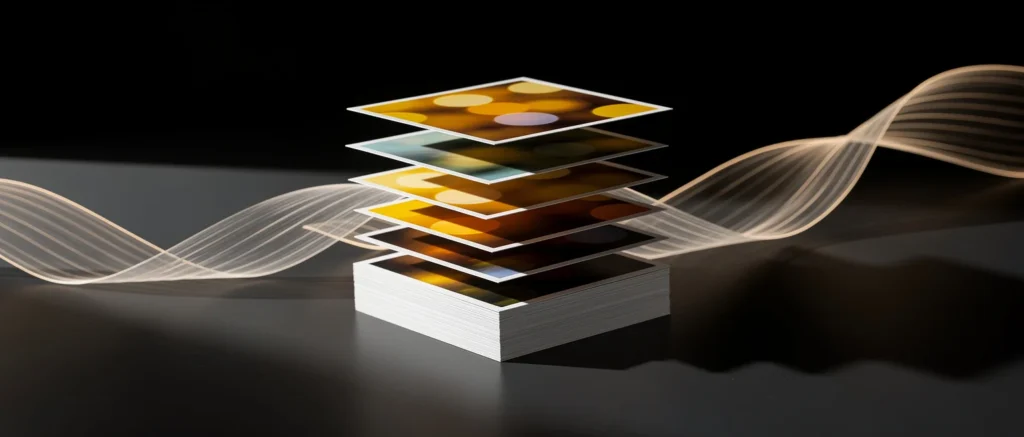 Stacked translucent layers with golden and amber tones above a white base, flanked by flowing ribbon-like shapes on a dark su