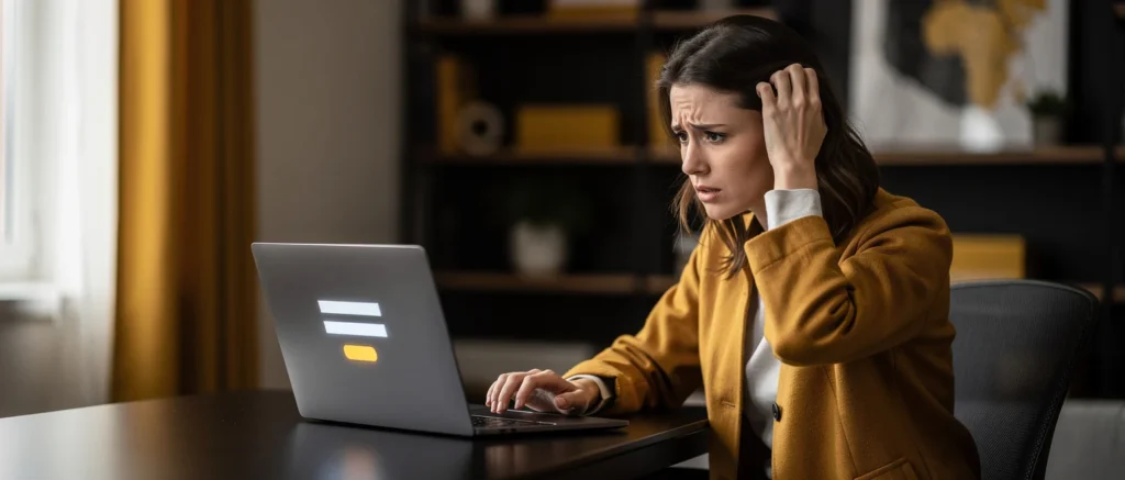 Woman in yellow blazer looking concerned at laptop screen while touching her head at a desk.