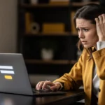 Woman in yellow blazer looking concerned at laptop screen while touching her head at a desk.