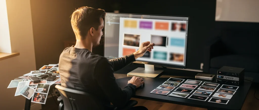 Photographer reviewing images on computer monitor with printed photos arranged on desk.