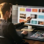 Photographer reviewing images on computer monitor with printed photos arranged on desk.