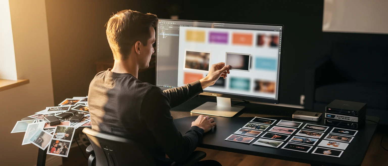 Photographer reviewing images on computer monitor with printed photos arranged on desk.