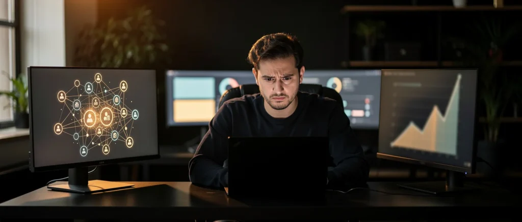 Man at desk with three monitors displaying network diagram, video chat interface, and upward trending graph.