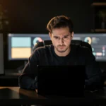 Man at desk with three monitors displaying network diagram, video chat interface, and upward trending graph.