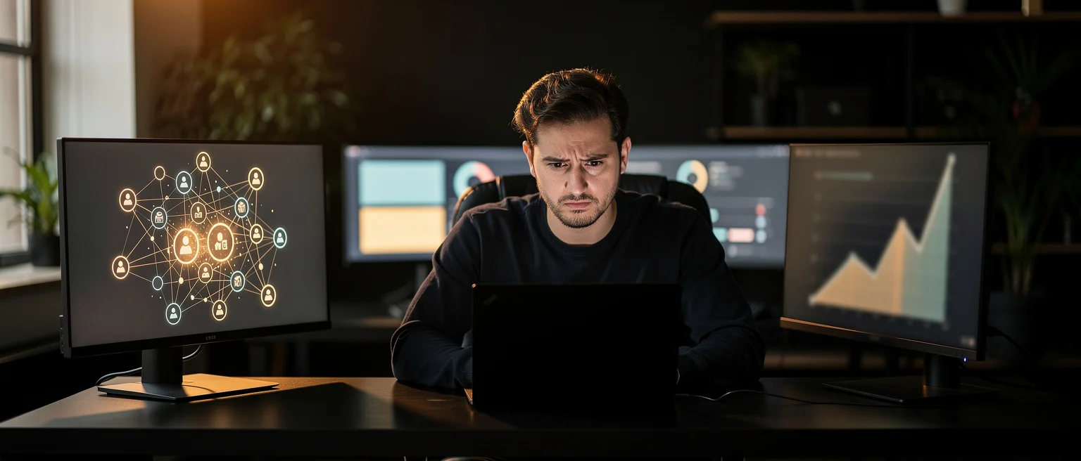 Man at desk with three monitors displaying network diagram, video chat interface, and upward trending graph.