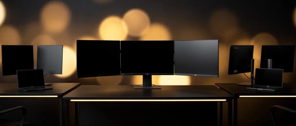 Multiple computer monitors and laptops arranged on desks with warm backlighting.