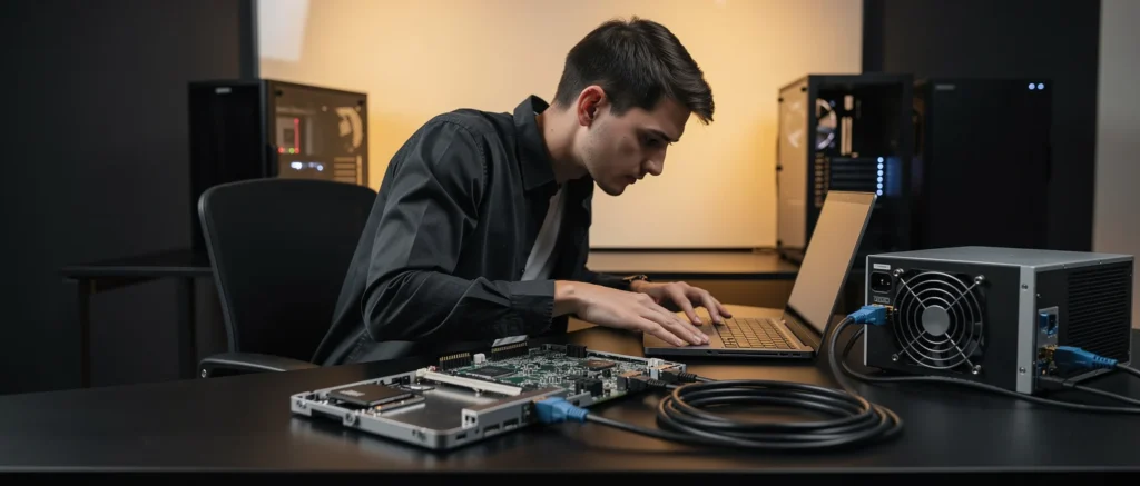 Technician working on a laptop at a desk surrounded by computer hardware and server equipment.