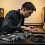 Technician working on a laptop at a desk surrounded by computer hardware and server equipment.