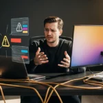 Man at desk with monitors displaying warning alerts and error messages in a digital workspace.