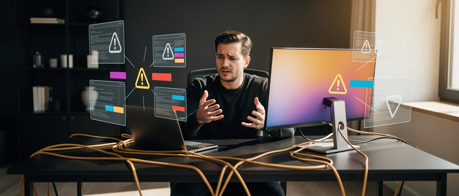 Man at desk with monitors displaying warning alerts and error messages in a digital workspace.