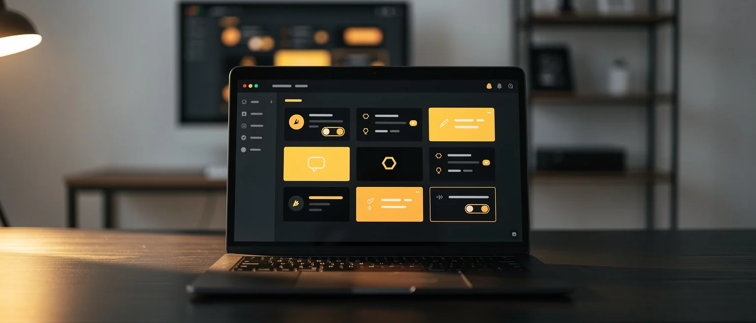 Laptop displaying a dark-themed design application with yellow and orange UI component cards and icons.