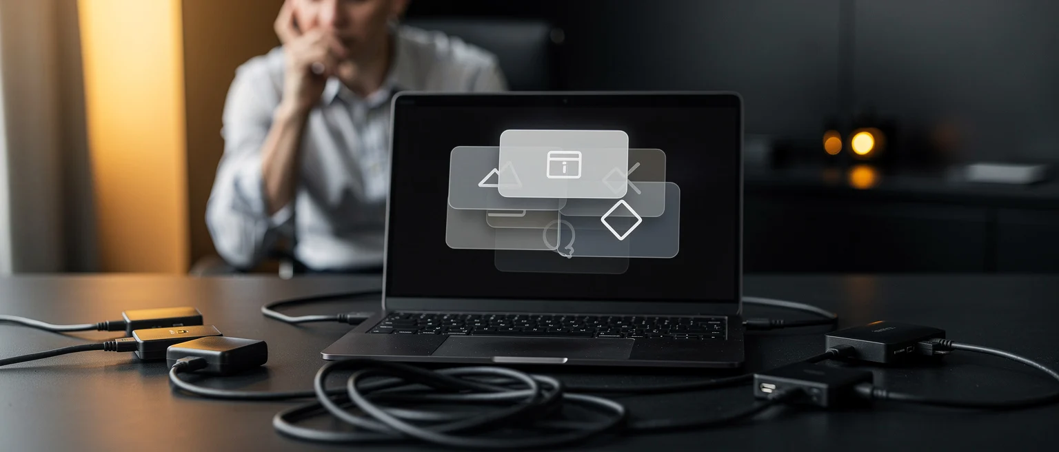 Laptop displaying design tool icons with cables and peripherals on desk, person in background.