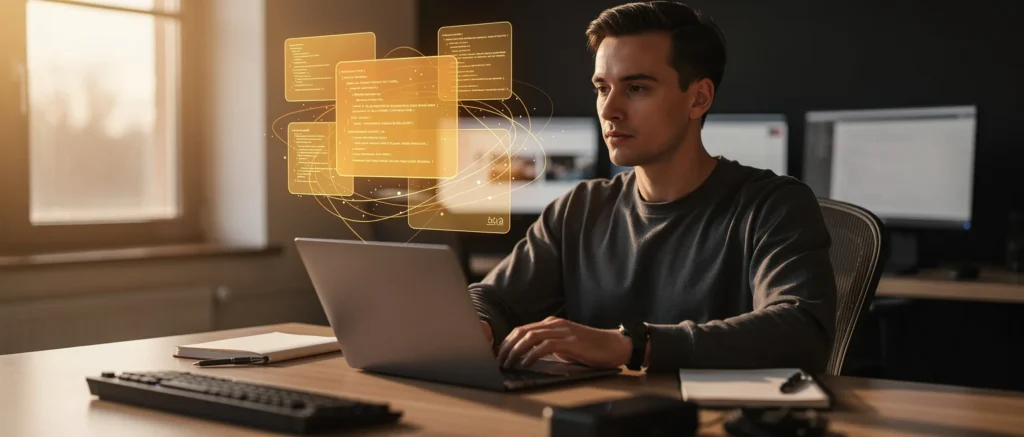 Developer working at laptop with holographic code windows displayed above the screen.