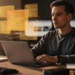 Developer working at laptop with holographic code windows displayed above the screen.