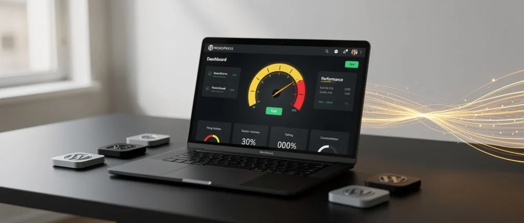 WordPress dashboard displayed on a laptop showing performance metrics with gauge charts and statistics on a desk with WordPre