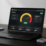 WordPress dashboard displayed on a laptop showing performance metrics with gauge charts and statistics on a desk with WordPre