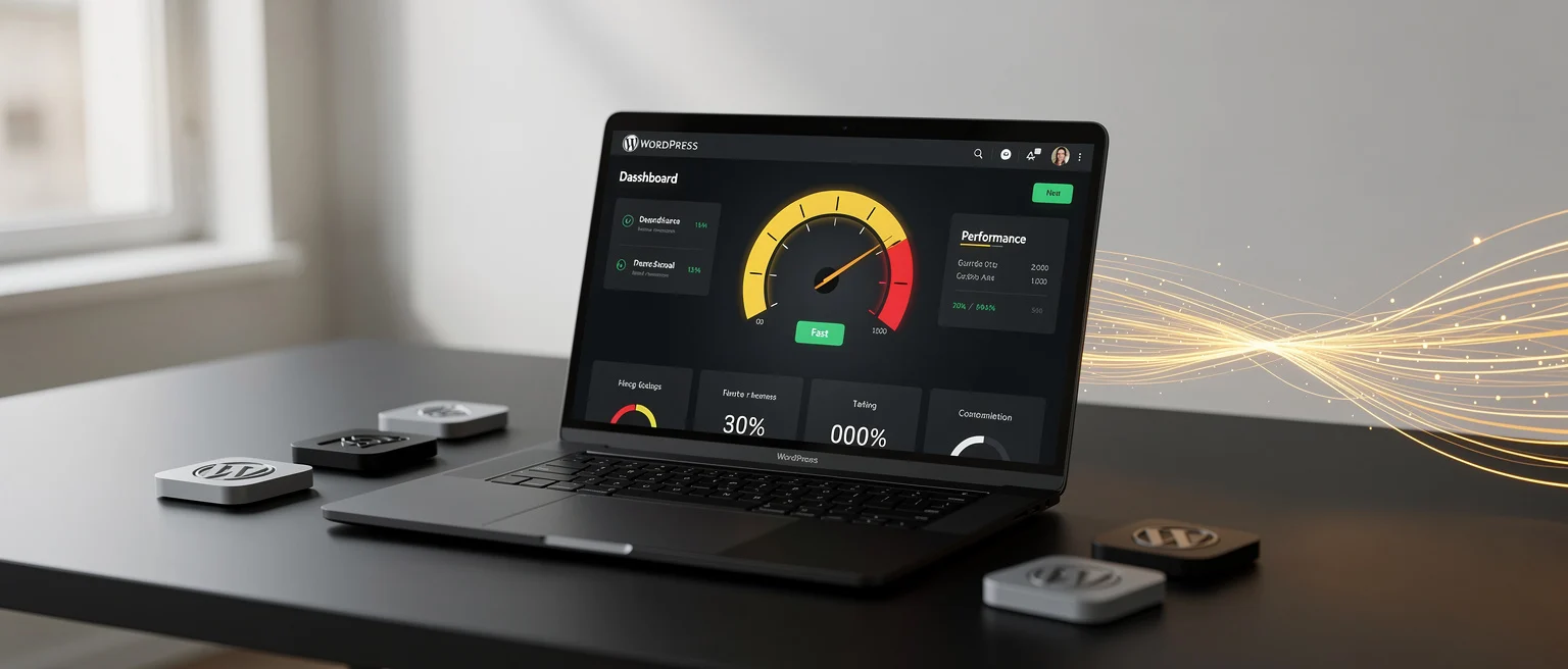 WordPress dashboard displayed on a laptop showing performance metrics with gauge charts and statistics on a desk with WordPre