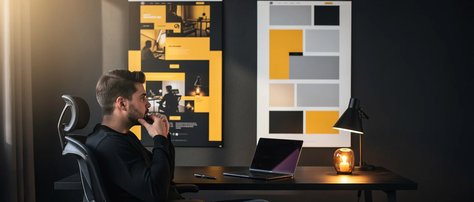 Man at desk with laptop studying design mood boards on wall behind him.
