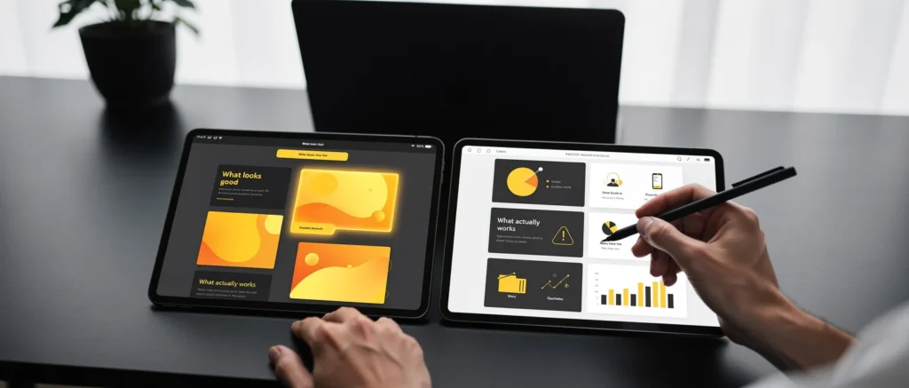 Person viewing design presentations on two tablets displaying yellow and orange UI mockups and charts.