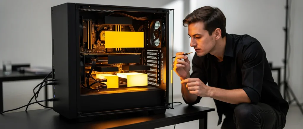 Man in black shirt examines open computer case with glowing internal components and yellow lighting.