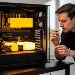 Man in black shirt examines open computer case with glowing internal components and yellow lighting.