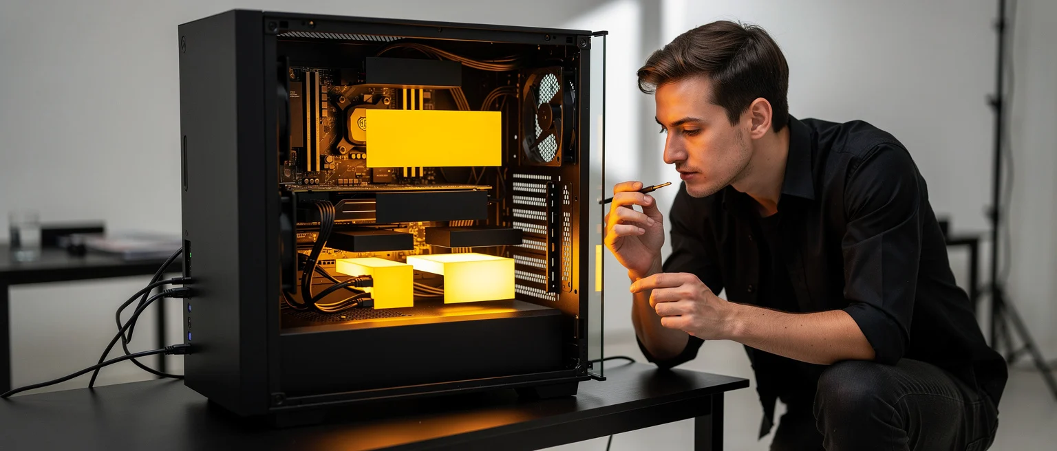 Man in black shirt examines open computer case with glowing internal components and yellow lighting.